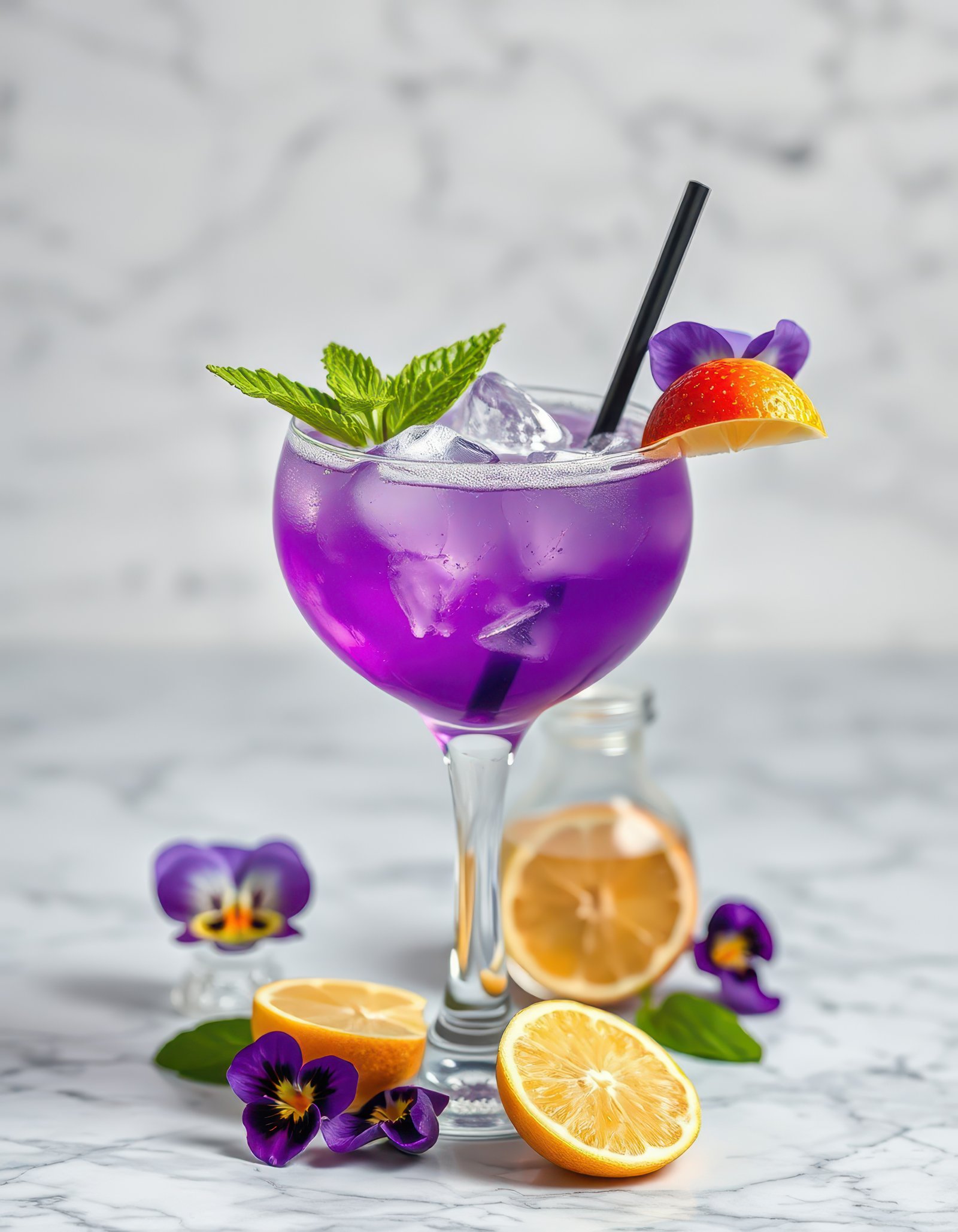 Refreshing purple cocktail garnished with mint and orange in a stylish glass